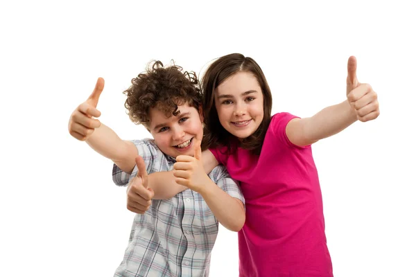 Jongen en meisje met Duimschroef opwaarts — Stockfoto