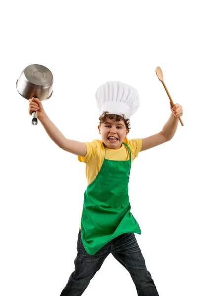 Jongen met keukengerei springen — Stockfoto