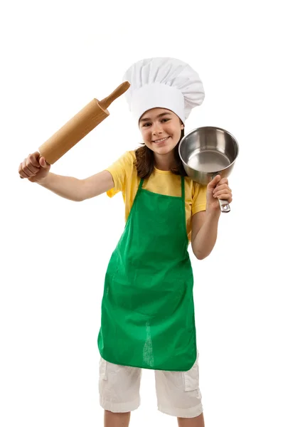 Flicka med köksutrustning — Stockfoto