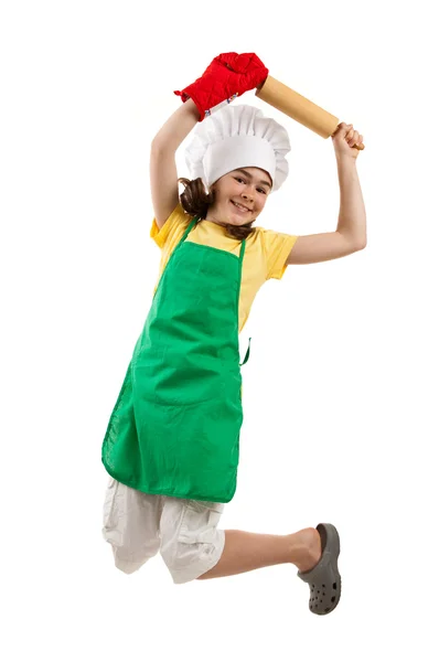 Girl jumping with kitchenware — Stock Photo, Image