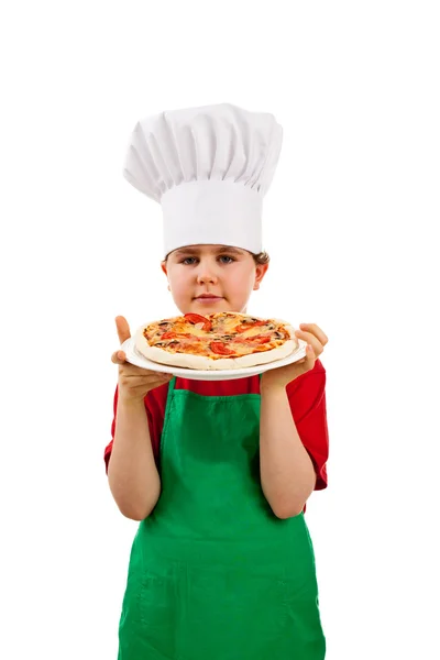 Çocuk holding pizza — Stok fotoğraf