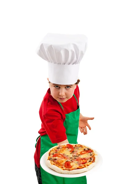 Poika pitelee pizzaa — kuvapankkivalokuva