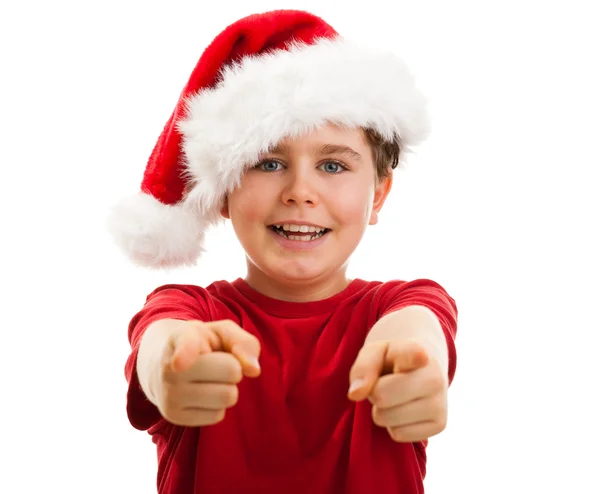 Menino com Papai Noel Chapéu apontando — Fotografia de Stock