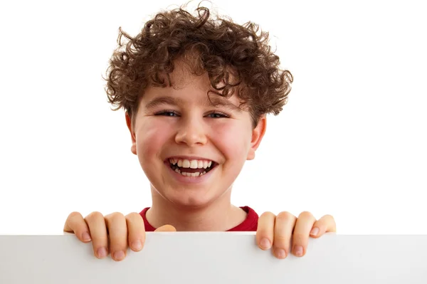 Jongen bedrijf leeg bord — Stockfoto