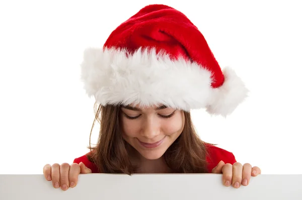 Santa girl holding empty board — Stock Photo, Image