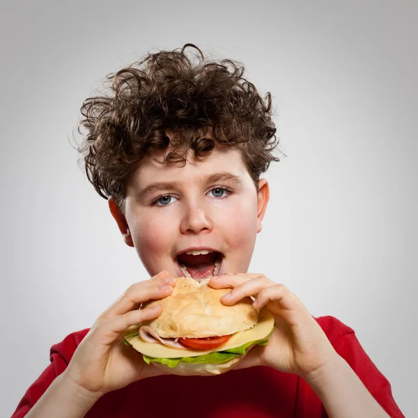 Junge isst großes Sandwich — Stockfoto