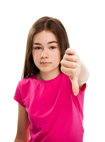 Menina mostrando polegar para baixo sinal — Fotografia de Stock