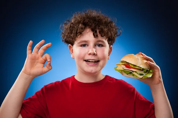 Chico comiendo sándwich saludable — Foto de Stock