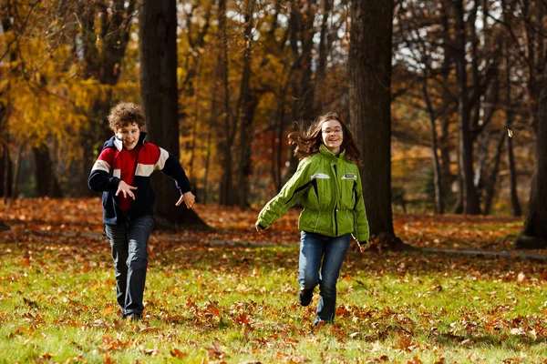 Sonbahar parkta oynayan çocuklar — Stok fotoğraf