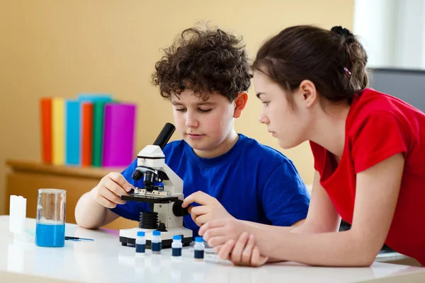 Menina e menino examinando a preparação sob o microscópio — Fotografia de Stock