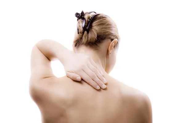 Mujer masajeando dolor de espalda —  Fotos de Stock