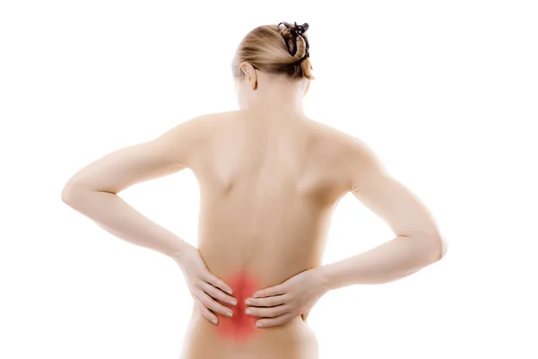 Woman massaging pain back — Stock Photo, Image