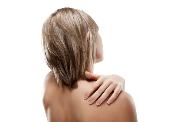 Mujer masajeando dolor de espalda —  Fotos de Stock