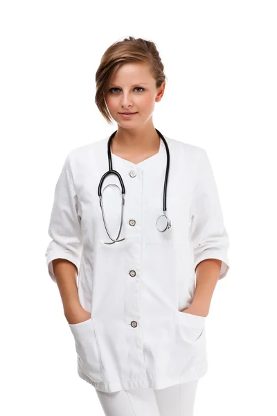 Young doctor standing isolated on white — Stock Photo, Image