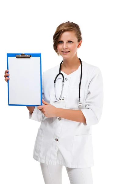 Młody lekarz stojący na białym tle na biały — Zdjęcie stockowe