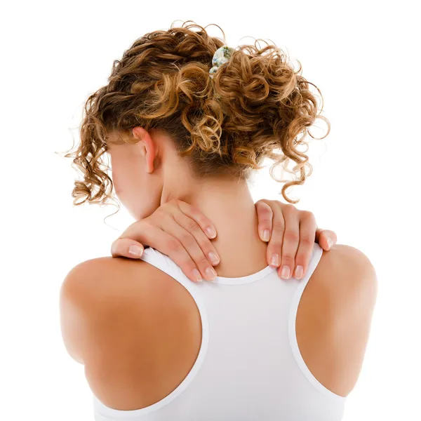 Woman massaging pain back — Stock Photo, Image