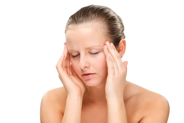 Nő masszírozó fej fájdalom — Stock Fotó