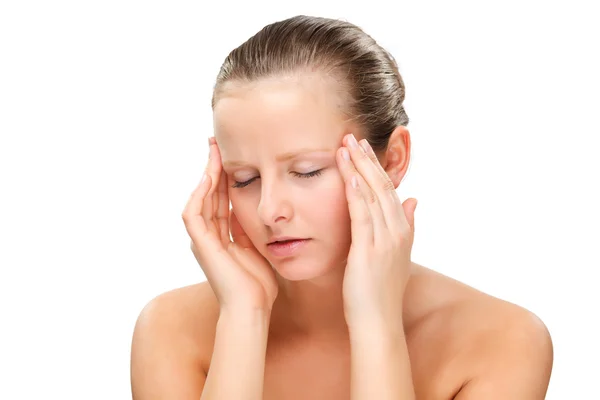 Mujer masajeando dolor cabeza —  Fotos de Stock