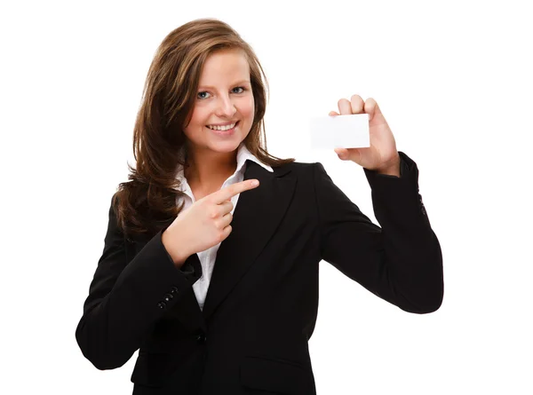 Businesswoman holding blank card — Stock Photo, Image