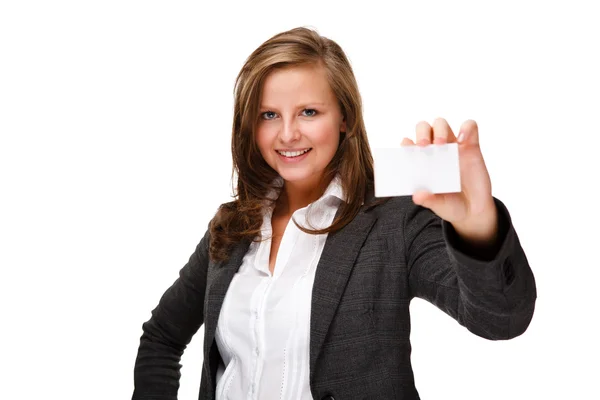 Businesswoman holding blank card — Stock Photo, Image