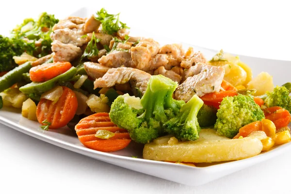 Pečené maso, bílá rýže a zelenina — Stock fotografie