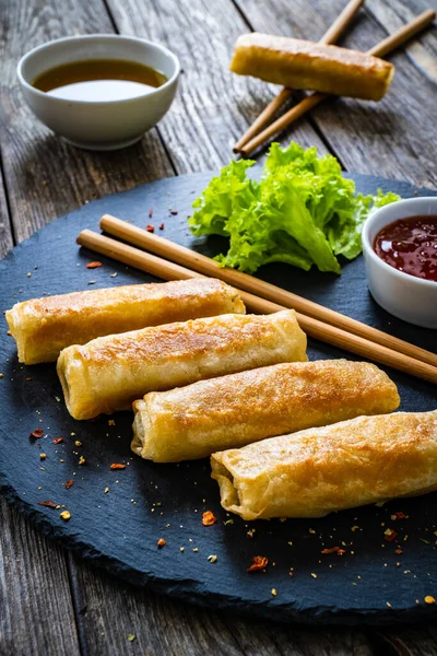 Spring Rolls Stone Plate Wooden Table — Stock Photo, Image