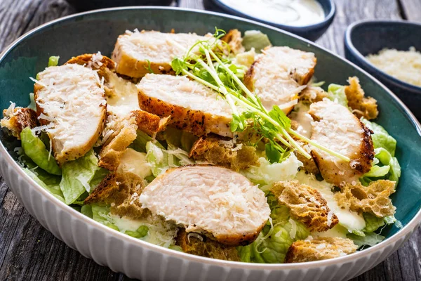 Caesar Salad Fried Chicken Breast Vegetables Wooden Table — Stock Photo, Image