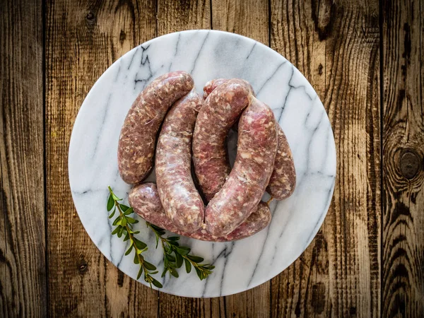 Raw White Sausages Wooden Table — Stock Photo, Image
