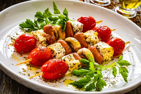 Sausage Skewers Fried Sausages Feta Cheese Mushrooms Cherry Tomatoes Wooden — Stock Photo, Image