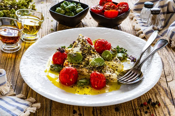 Roasted Tomatoes Feta Cheese Broad Bean Served Wooden Table — 스톡 사진