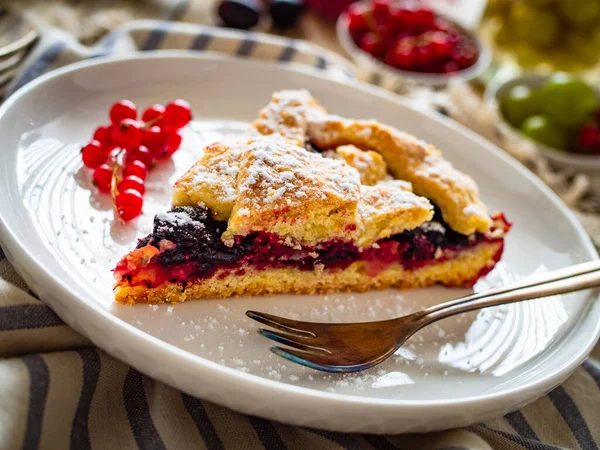 Pastel Frutas Mesa Madera —  Fotos de Stock