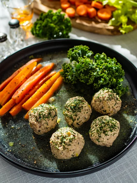 Boiled Meatballs Carrots Kale White Table — Stockfoto