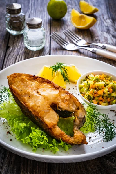 Fish Dish Fried Halibut French Fries Lemon Wooden Table — Stok fotoğraf
