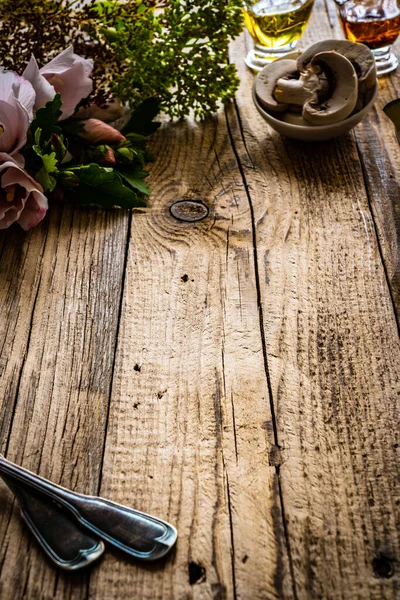 Pine Boards Fresh Vegetables Spices Cutlery — Stock Photo, Image