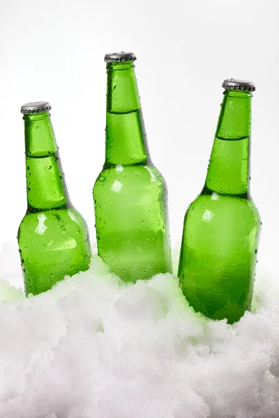 Botellas de cerveza en la nieve — Foto de Stock