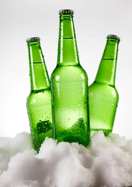 Botella de cerveza en nieve — Foto de Stock