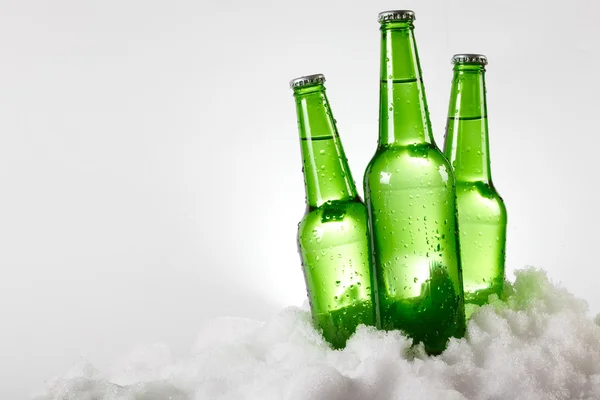 Butelek piwa w śniegu — Zdjęcie stockowe