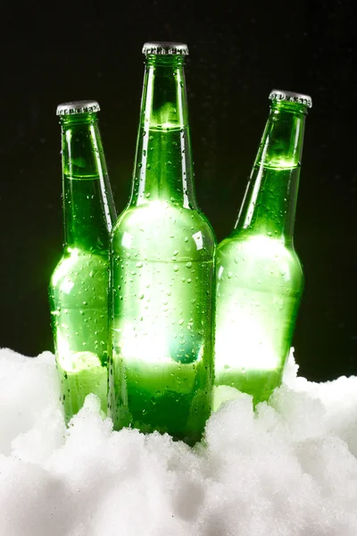 Garrafas de cerveja na neve — Fotografia de Stock