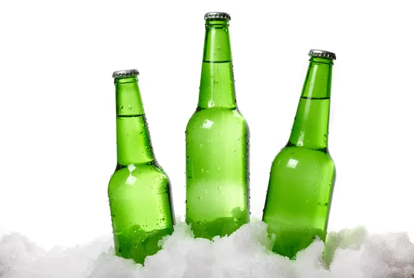 Botellas de cerveza en la nieve — Foto de Stock