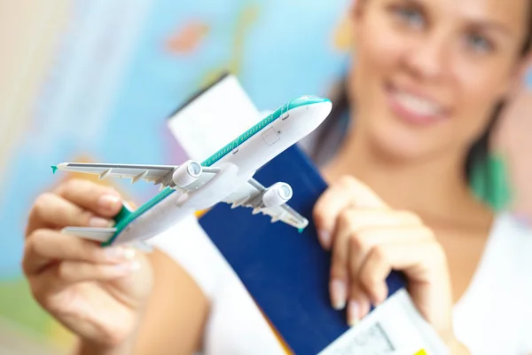 Young Woman Holding Airplane — Stock Photo, Image