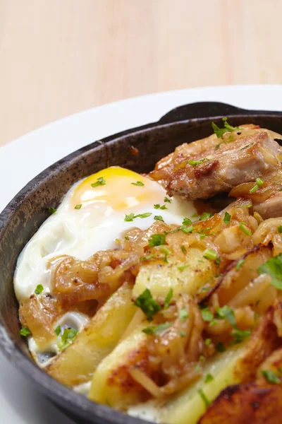 Fried meat with potatoes and egg