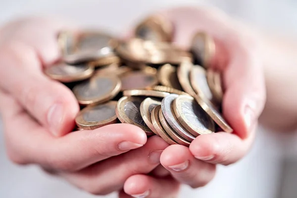 Female Hand Holding Pile Coins Close View — Stock Photo, Image