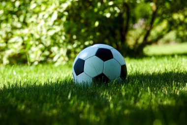 Güneşli bir günde yeşil çimlerde futbol topu, yakın görüş. 