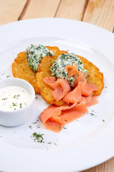 Potato Pancakes Salmon White Plate — Stock Photo, Image