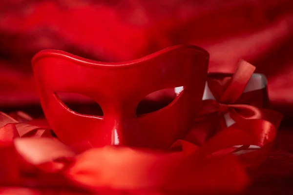 Red Mask Red Ribbons Close View Stockbild
