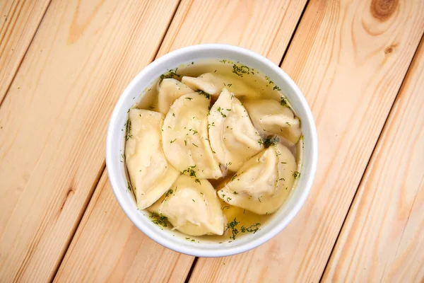 Tasty Stuffed Dumplings Wooden Surface — Fotografia de Stock