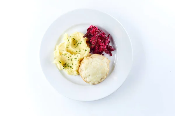 Kartoffelbrei Mit Schnitzel Und Salat Auf Weißem Teller — Stockfoto