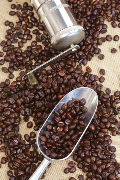 Rostade Kaffebönor Skeden Stockbild
