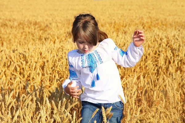 Små lantliga flickan på vete fält — Stockfoto