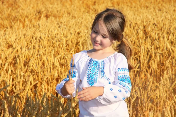 Niña rural pequeña en el campo de trigo — Foto de Stock